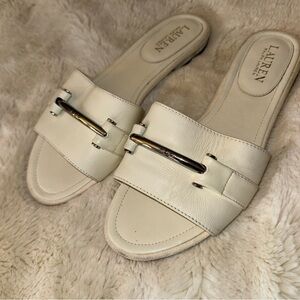 Ralph Lauren Cream Leather Slide Mules with Silver Tone Sz 8.5
